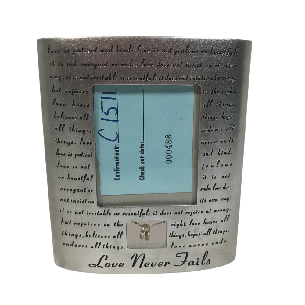 Love Never Fails 1 Corinthians 13 Silver Picture Frame with Wedding Rings Decor